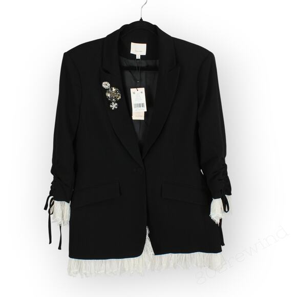 Sz12 NEW CinqASept Roxie Blazer Silk LaceTrim Crepe Brooch Tailored 3/4Sleeve - Picture 15 of 16